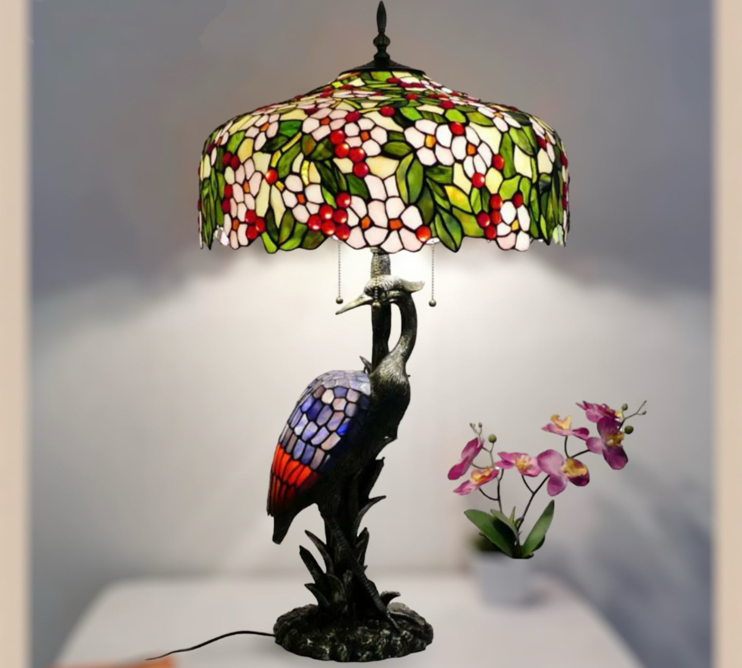 CDH 20" XLARGE Tiffany Feather Crane Table Lamp 50cm Shade (15067)