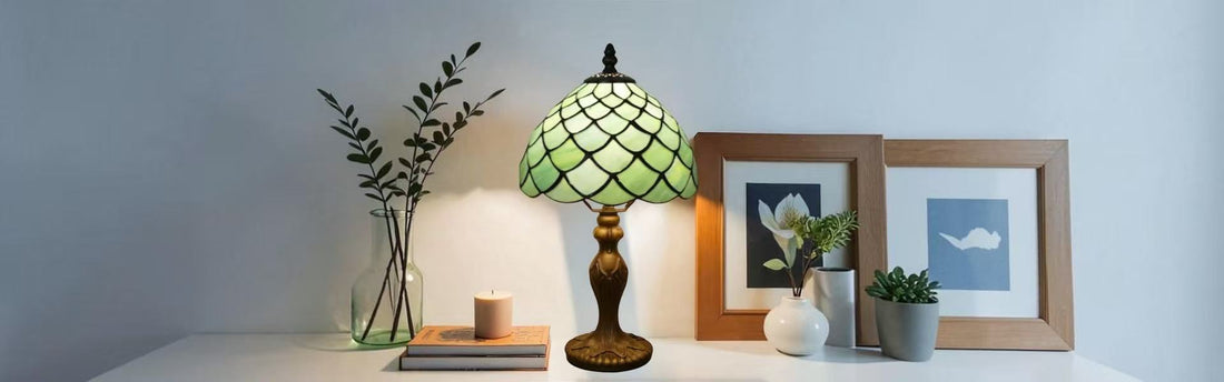 Side by side comparison of Tiffany floor lamp and Tiffany table lamp with stained glass shades