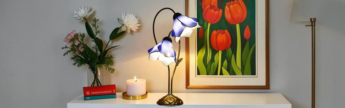 Tiffany stained glass table lamp with warm glowing bulb showing correct wattage lighting effect