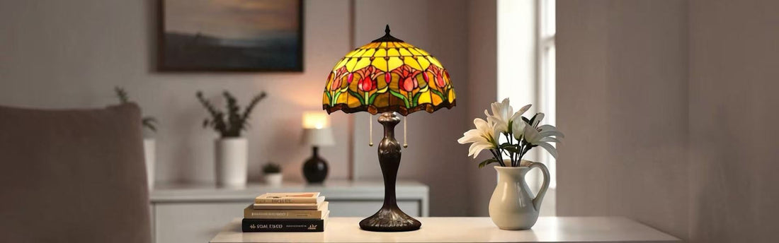 Tiffany stained glass table lamp styled in a contemporary modern living room with minimalist decor