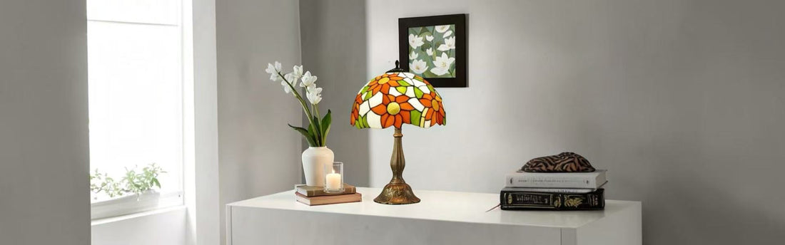 Compact Tiffany stained glass table lamp adding colour and warmth to a small apartment living space