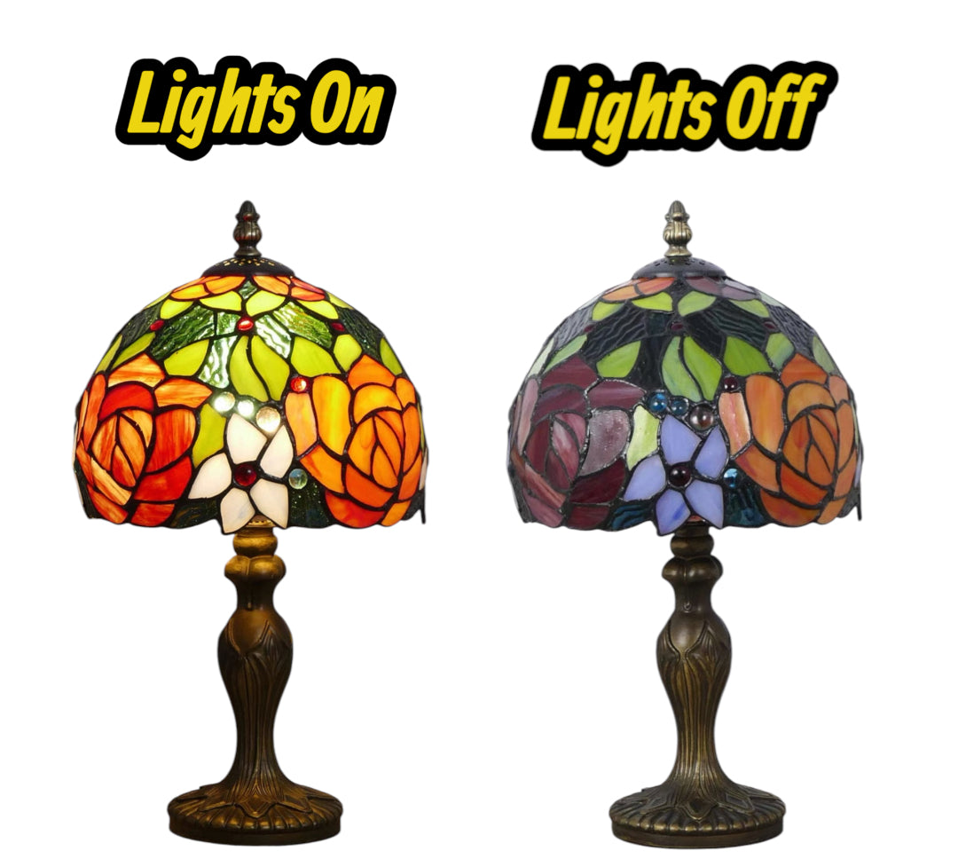 Tiffany-style table lamp showing stained-glass shade lights on vs lights off