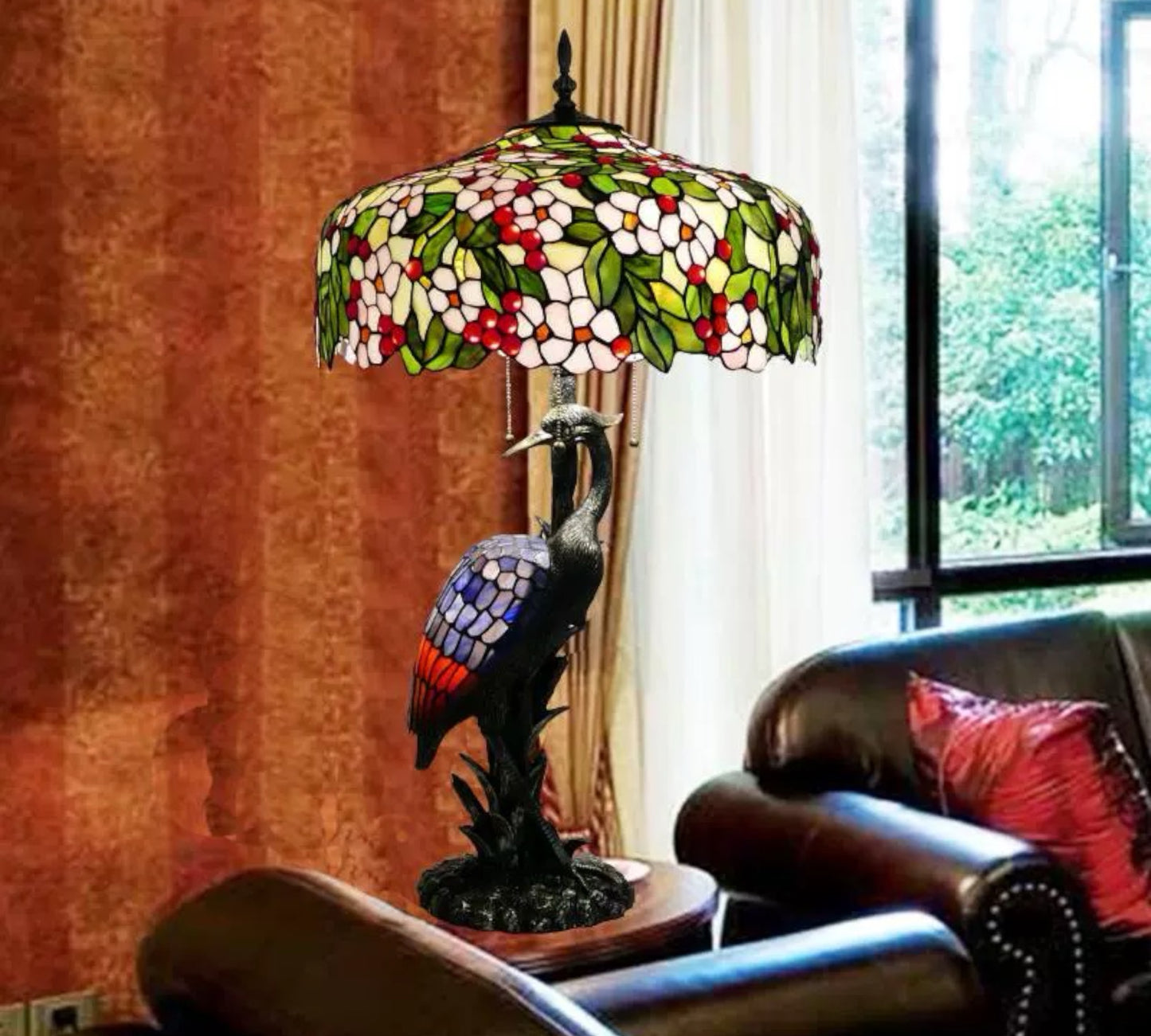 CDH 20" XLARGE Tiffany Feather Crane Table Lamp 50cm Shade (15067)