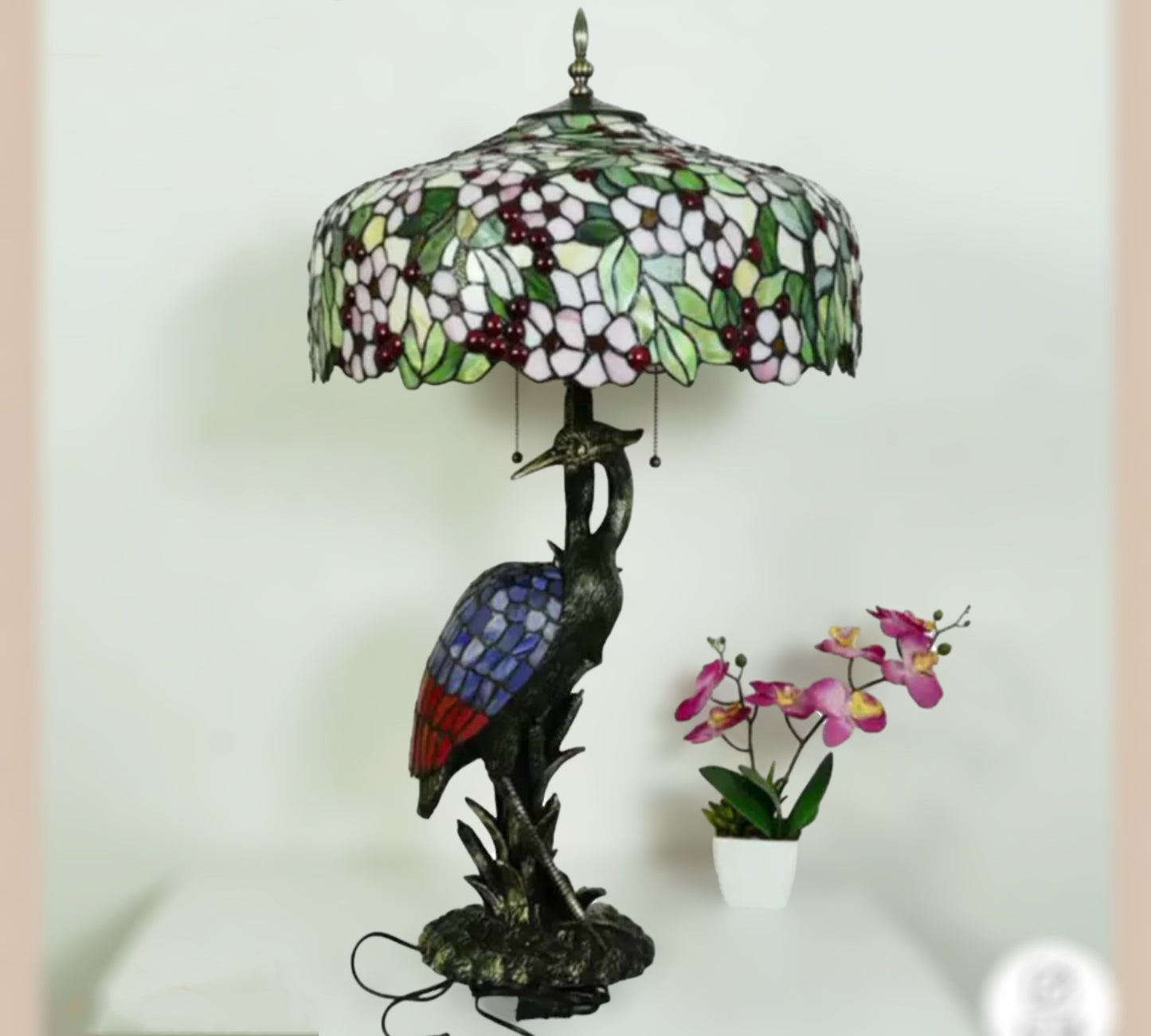 CDH 20" XLARGE Tiffany Feather Crane Table Lamp 50cm Shade (15067)