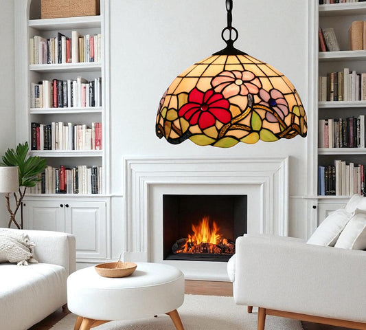 Hanging stained-glass pendant lamp shade with red flower and multi-color glass segments