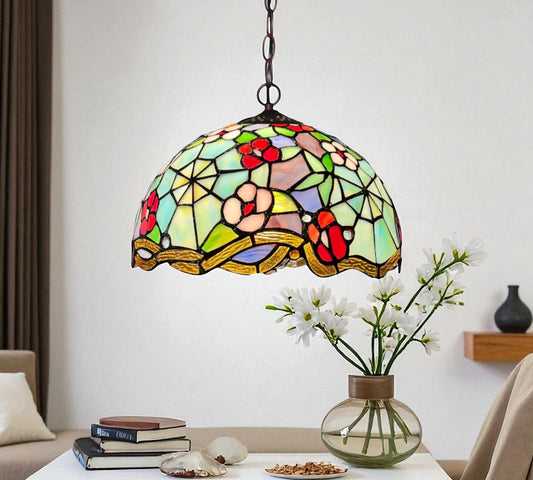Tiffany-style stained glass pendant lamp shade with bird-and-floral dome, multicolor panes