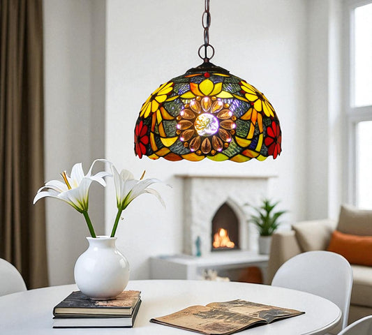 Multicolor stained glass pendant lamp shade with glowing bulb center and metal chain