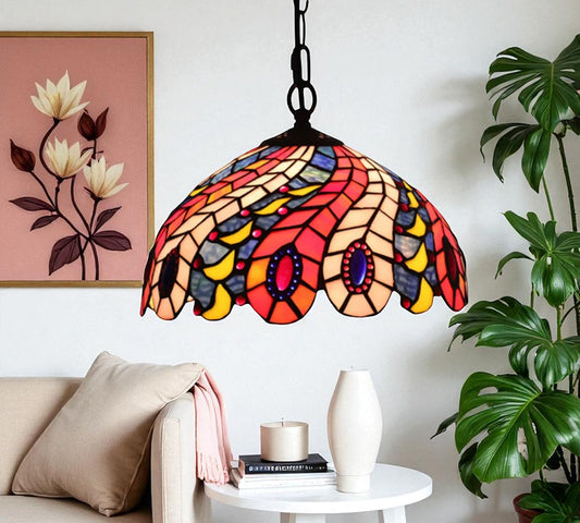 Tiffany-style stained glass pendant lamp shade, red fan shape, hanging chain