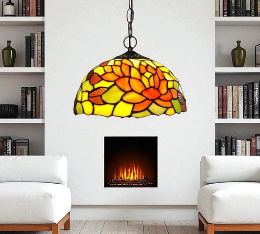 Floral stained glass pendant lamp shade with dark metal chain and curved scalloped edge