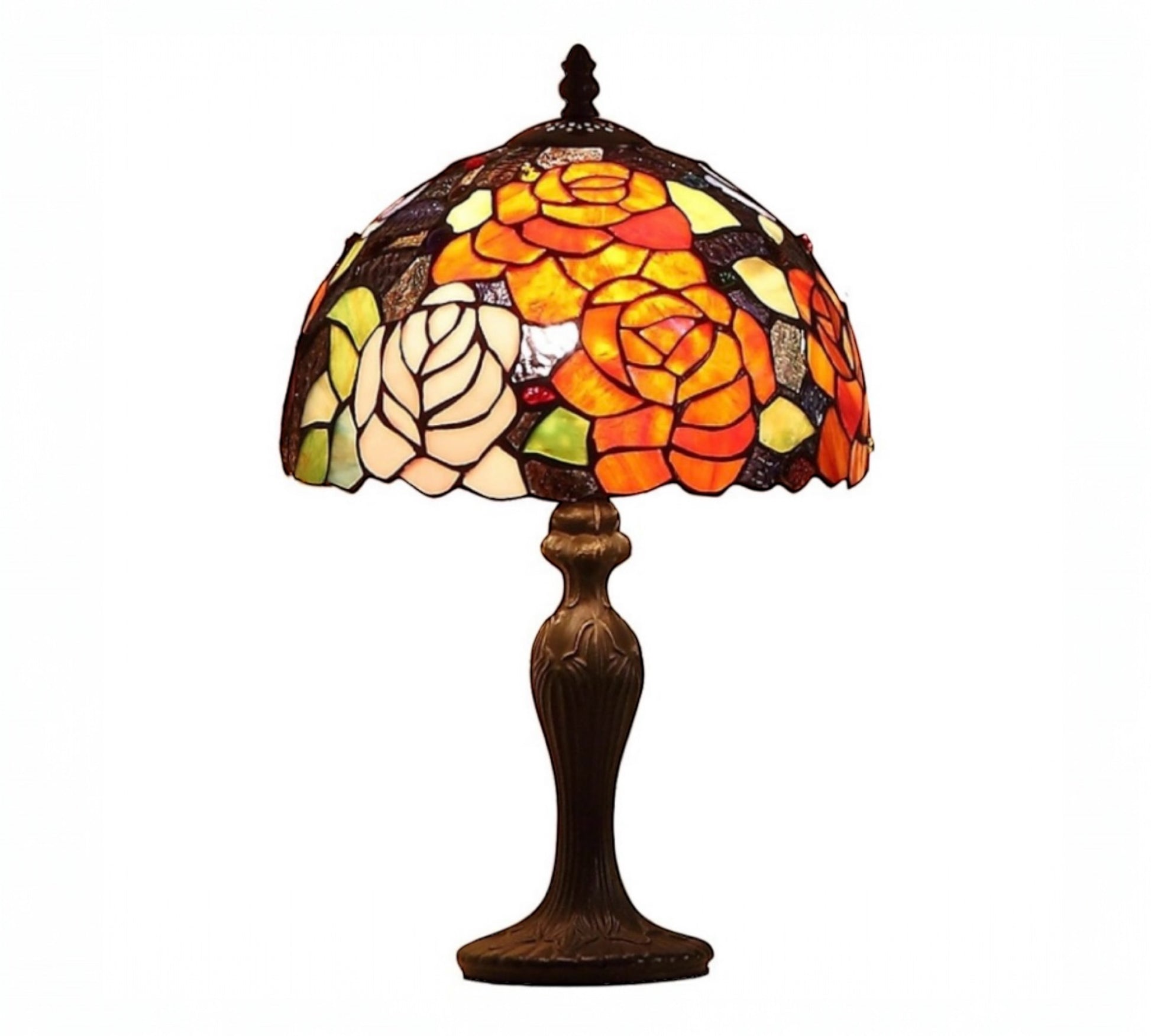 Stained glass table lamp with floral design on a white background. CDH Tiffany Table Lamp
