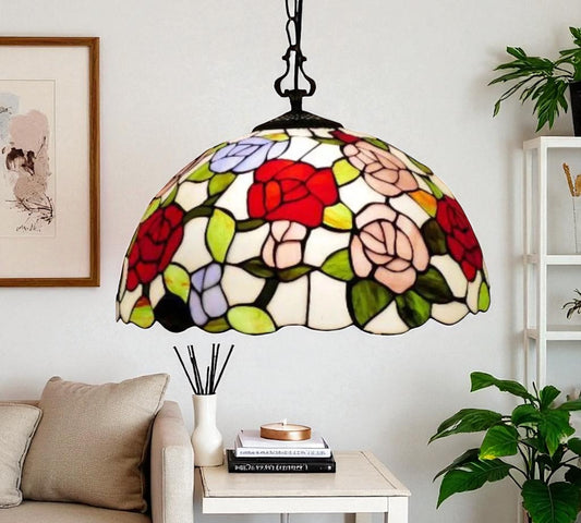 Hanging stained glass pendant lamp shade with red flower and pink petal details