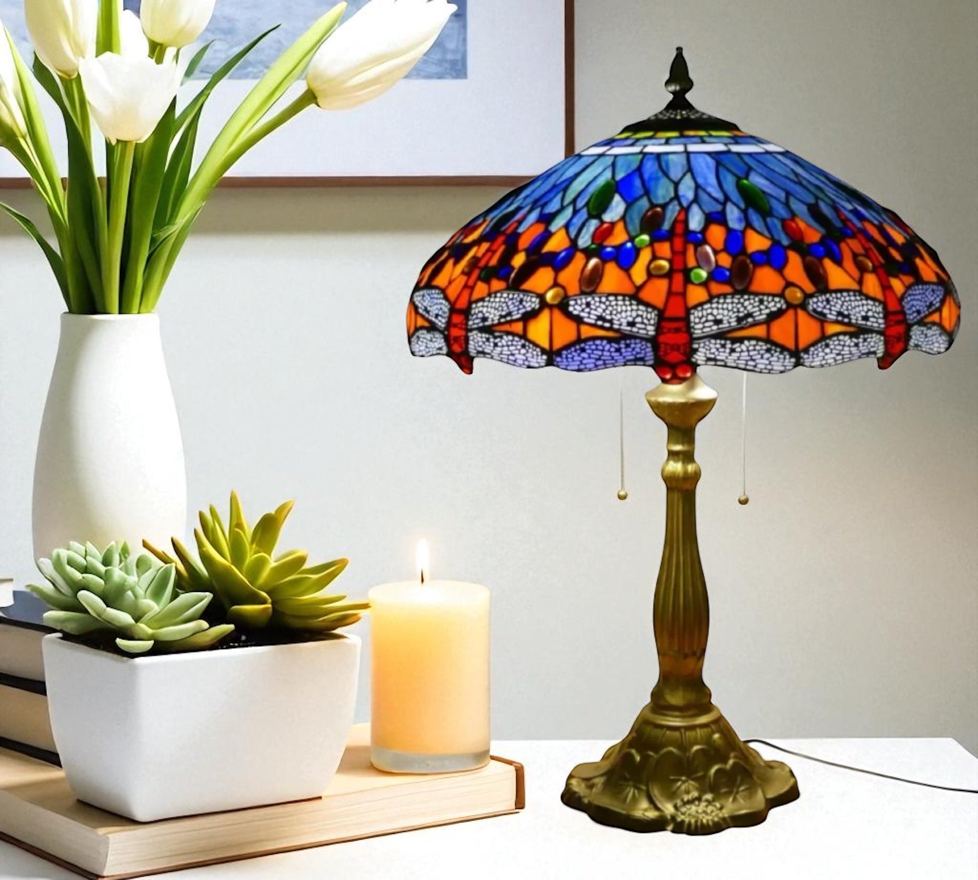 CDH 18" XLARGE Tiffany Table Lamp 46cm Shade (19014T) Dragonfly