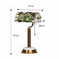 able lamp with stained glass shade and measurements on a white background