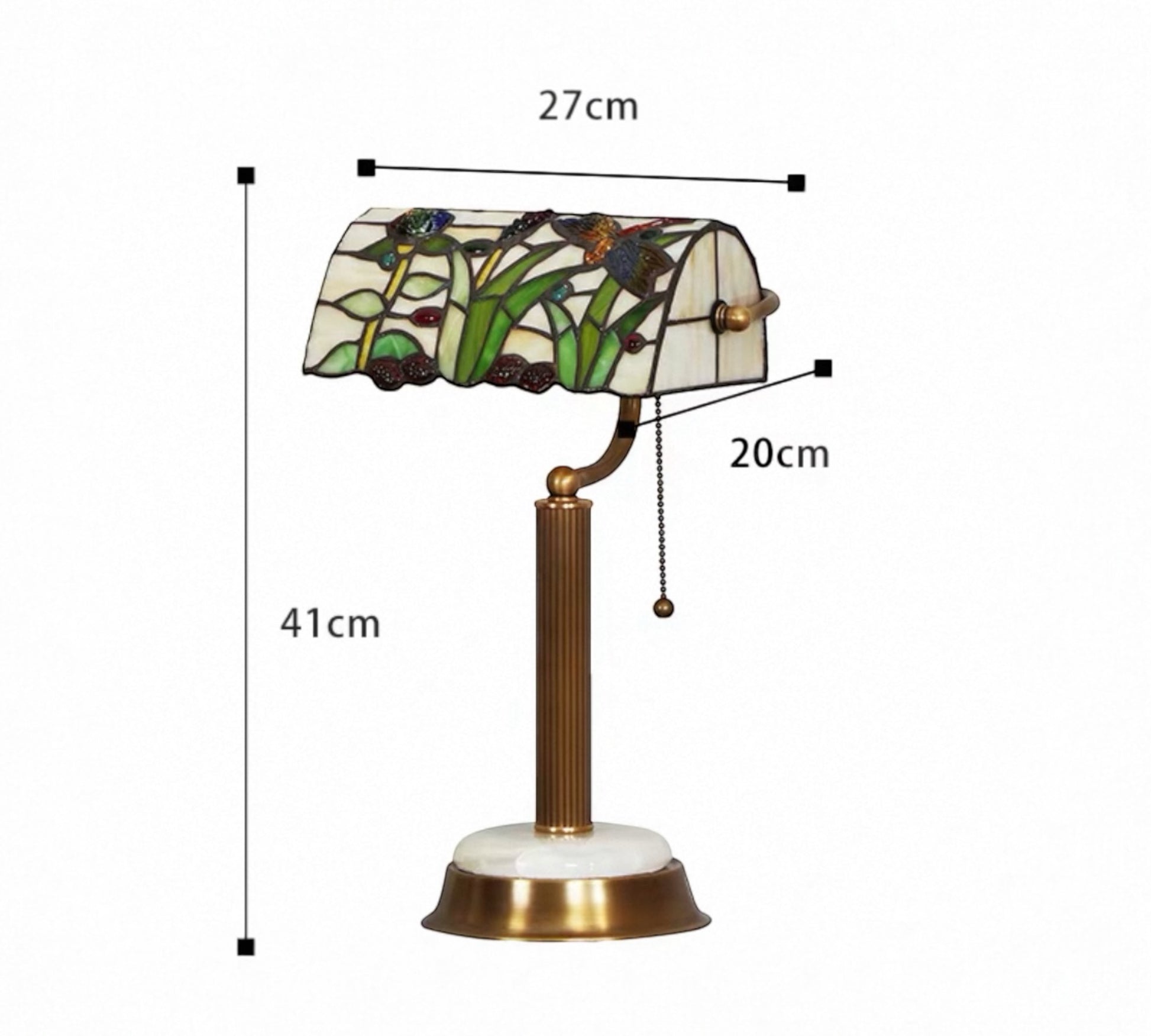 able lamp with stained glass shade and measurements on a white background
