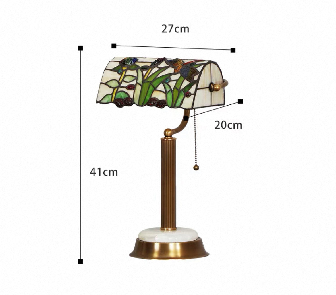 Table lamp with stained glass shade and dimensions labeled on a white background CDH Tiffany Table Lamp