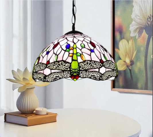 Multicolor stained glass pendant lamp shade with hanging chain