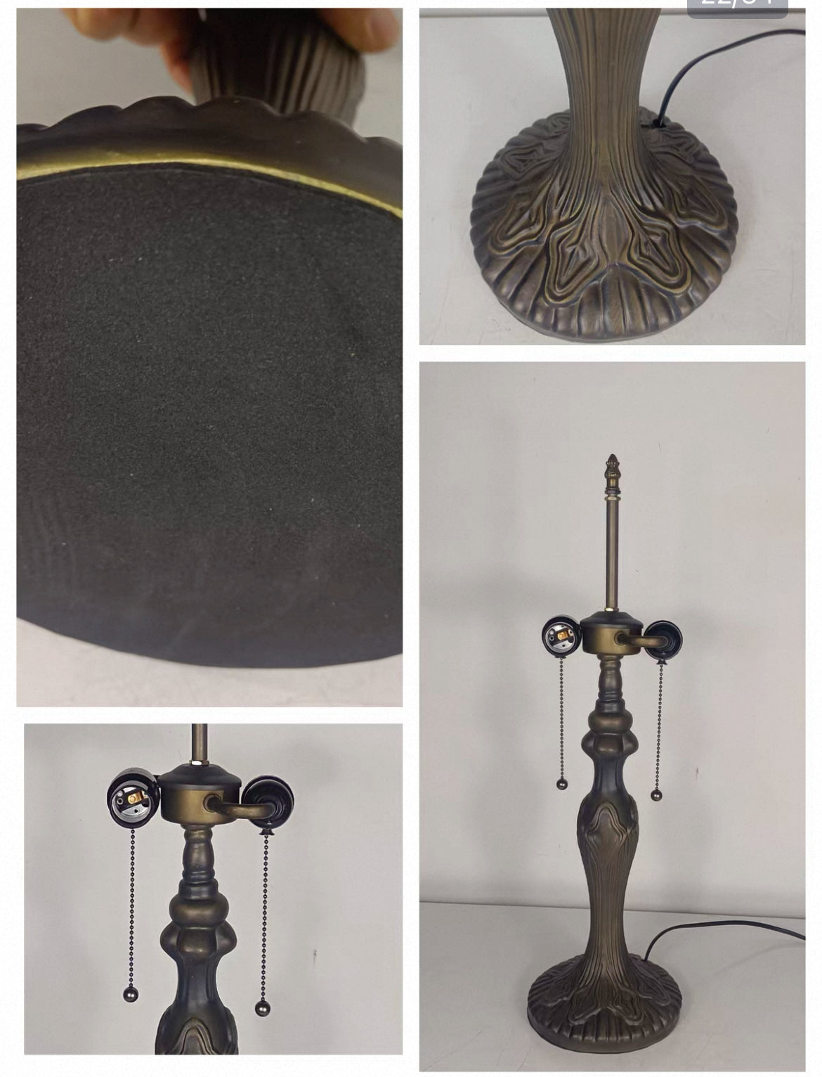 Carved bronze lamp base with textured pedestal detail and foot close-up