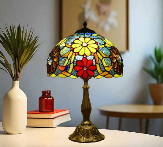 CDH Tiffany table lamp with stained-glass floral dome shade and dark brass base