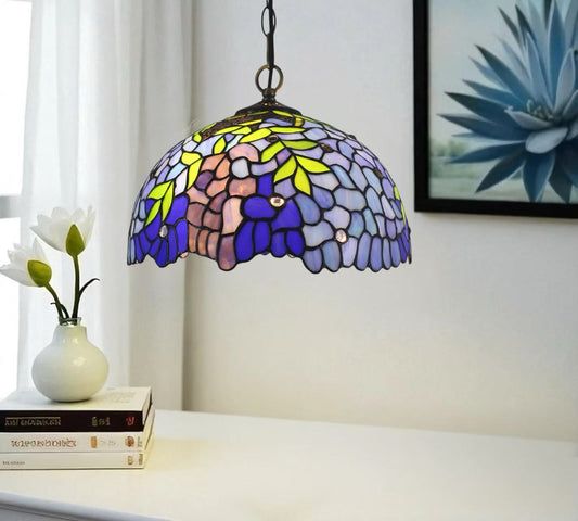 Multicolor stained-glass pendant lamp shade with hanging metal chain