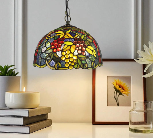 Multicolor Tiffany-style stained-glass pendant lamp shade with metal chain