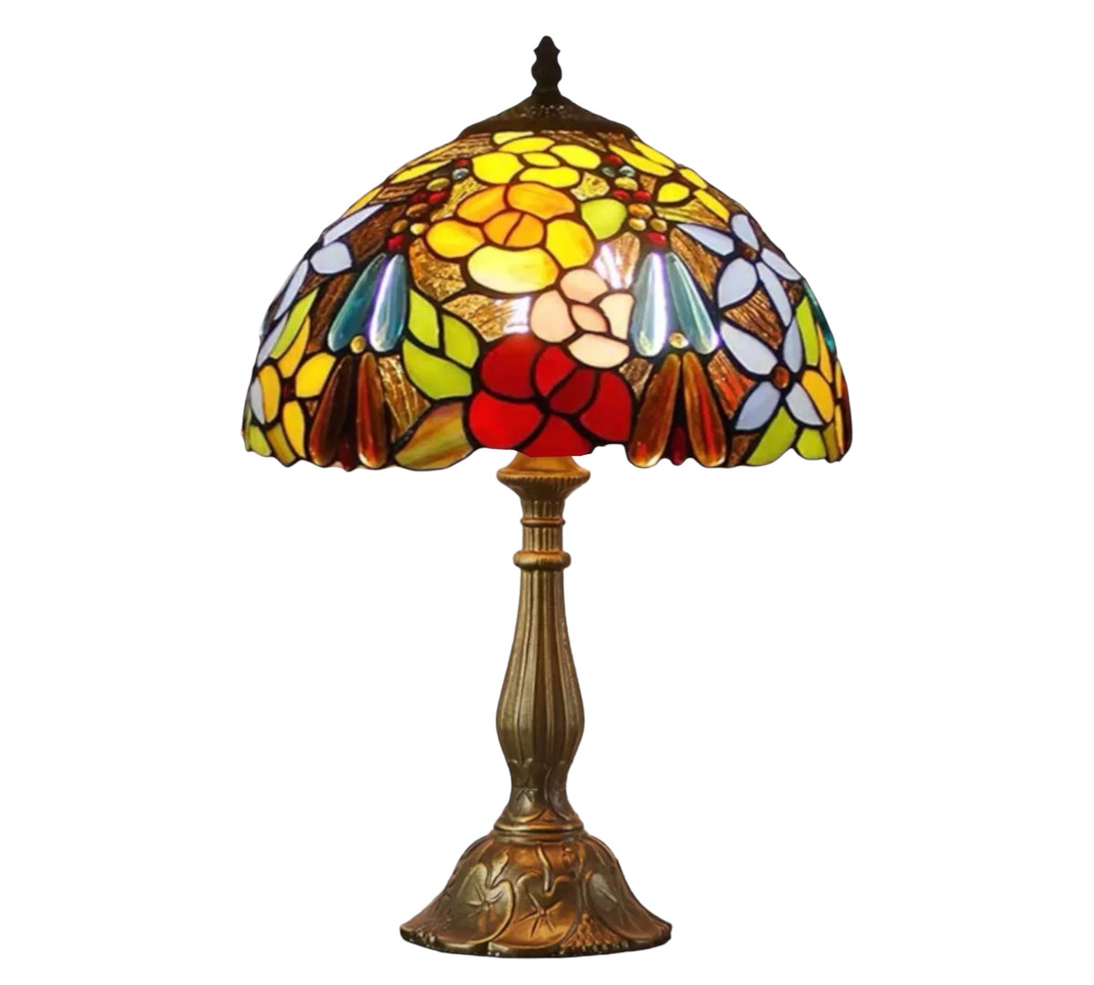 Stained glass Tiffany table lamp with domed floral shade and bronze metal base
