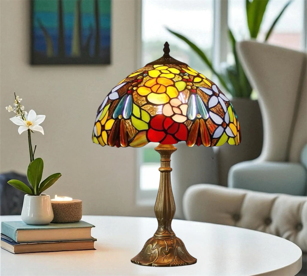 Tiffany stained glass table lamp with domed floral shade and bronze metal base