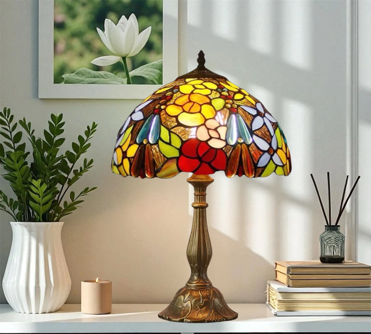 Tiffany table lamp with colorful stained glass floral dome shade and bronze base