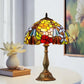 Tiffany table lamp with stained glass floral shade and bronze pedestal base