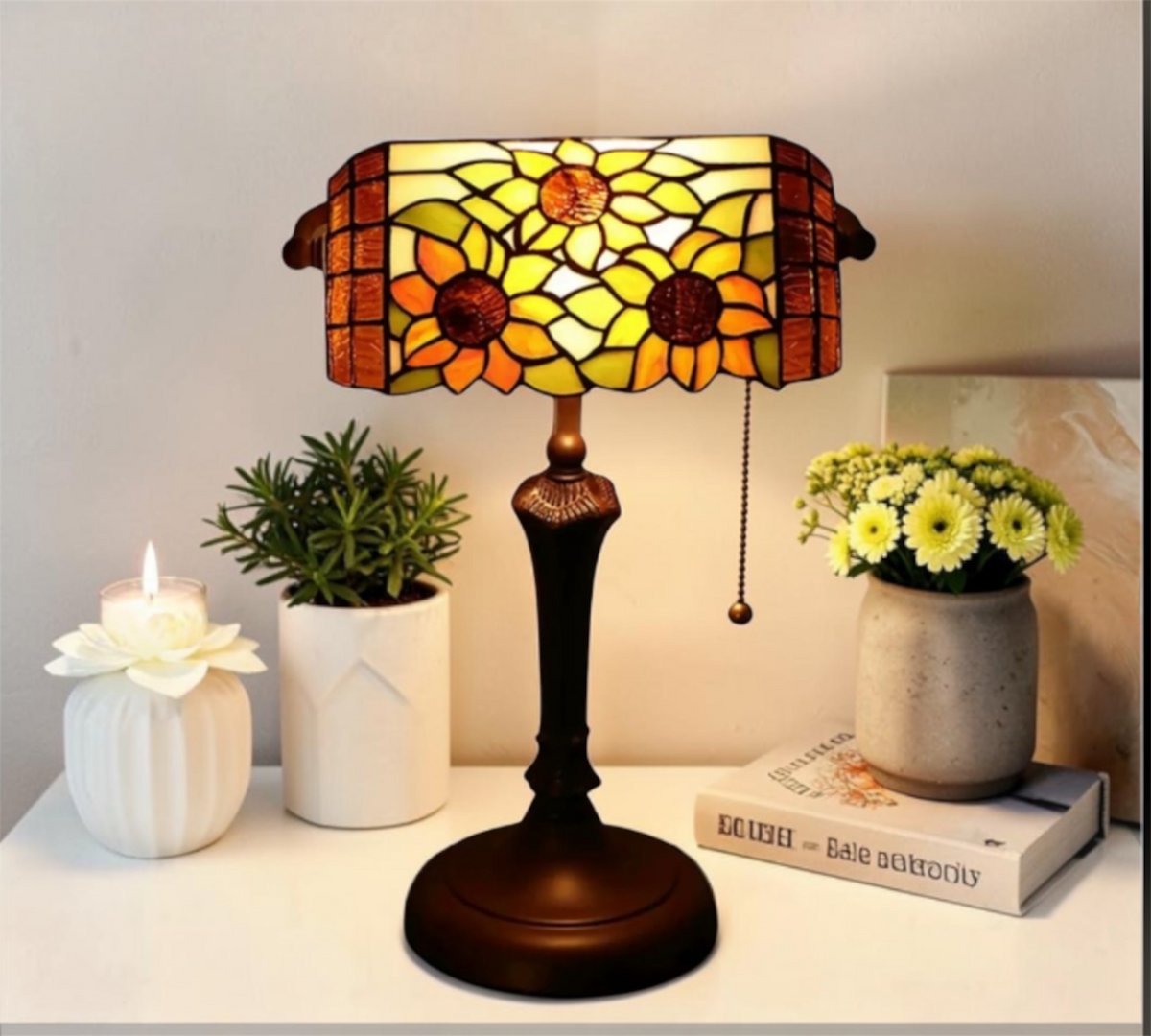 Tiffany reading table lamp with stained-glass sunflower shade and dark metal base