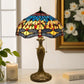 Stained-glass table lamp with blue/red/yellow dome shade and brass base