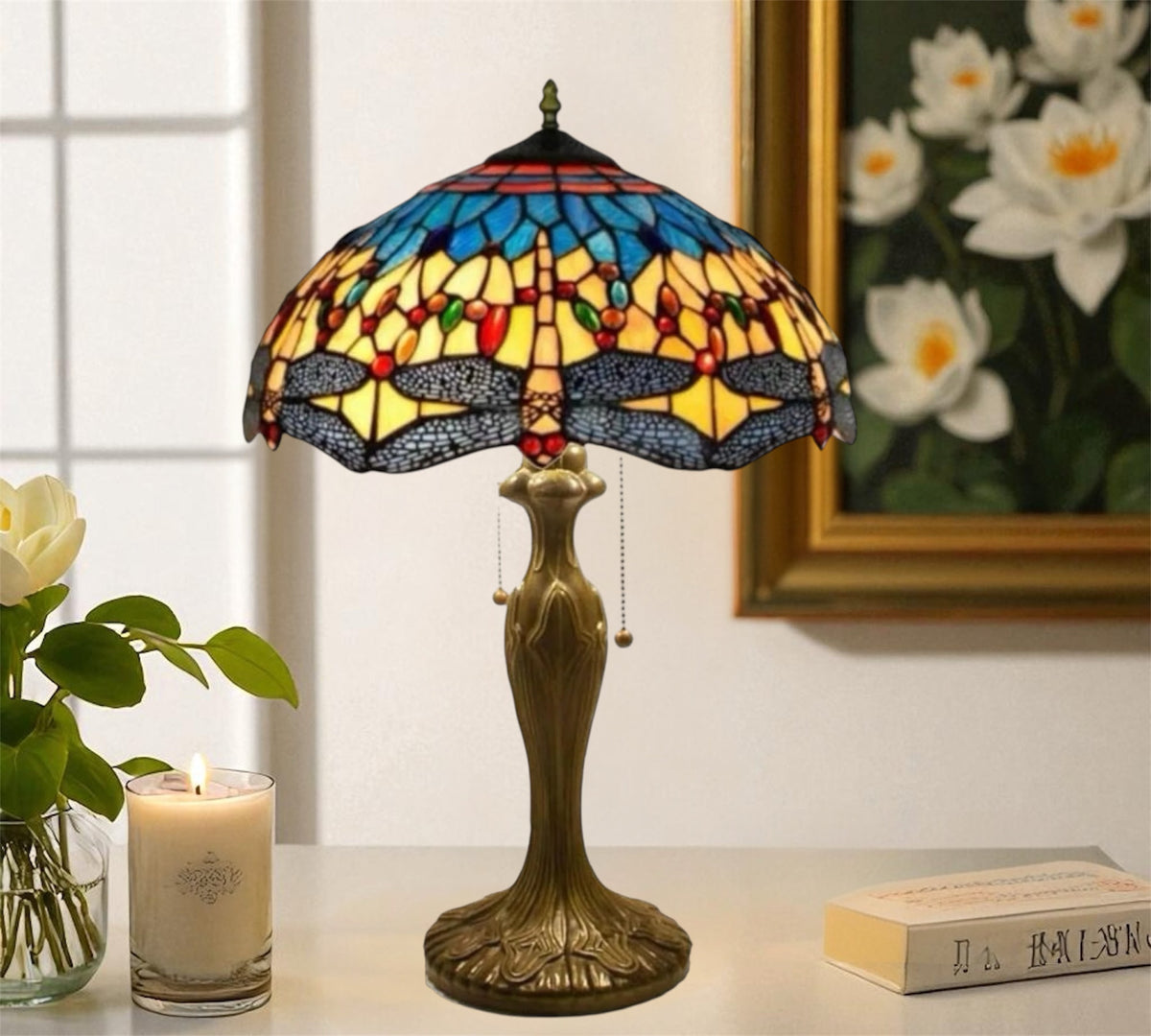 Stained-glass table lamp with blue/red/yellow dome shade and brass base