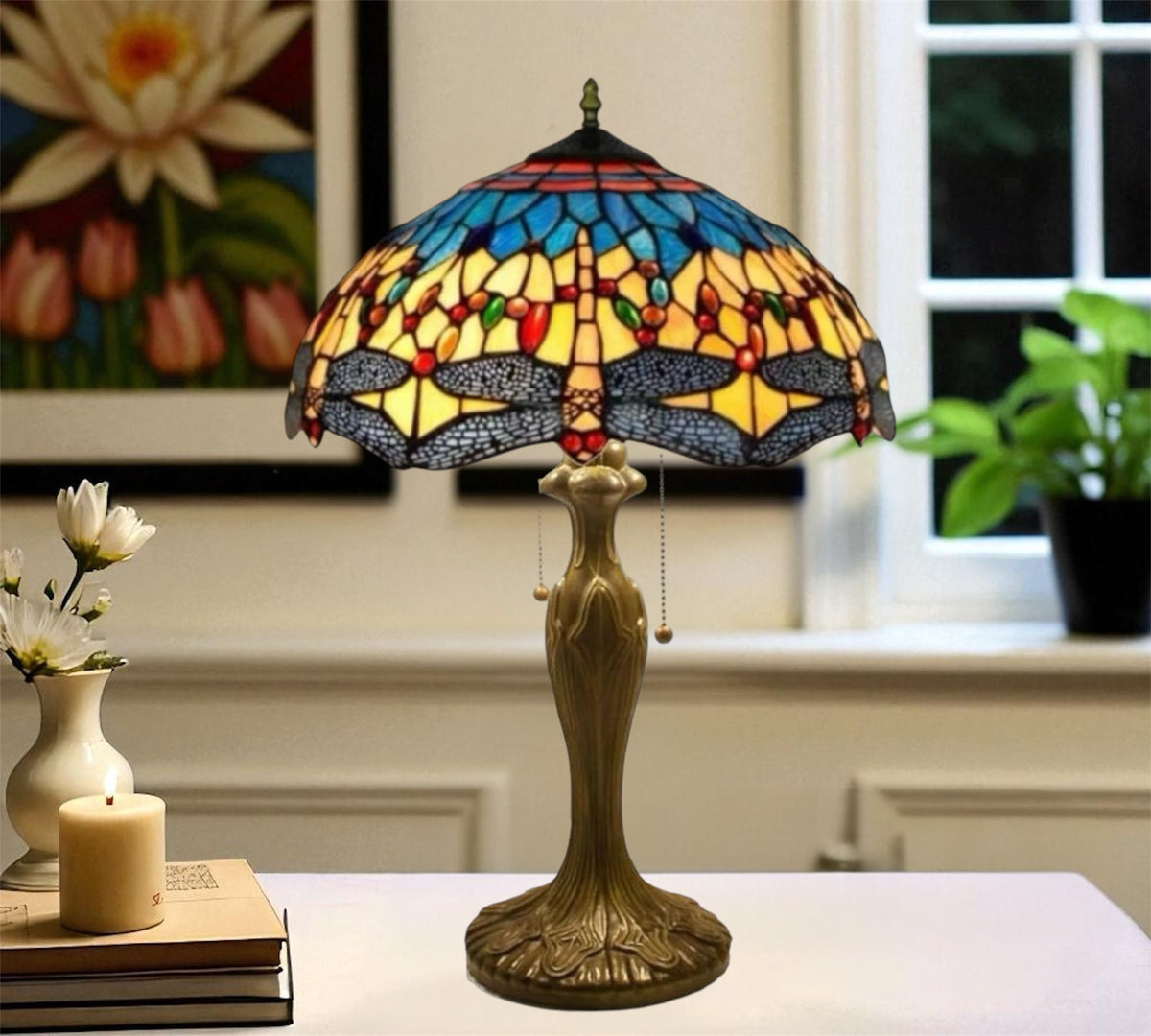 Stained-glass table lamp with blue/red/yellow dome shade, brass base, hanging pull chain