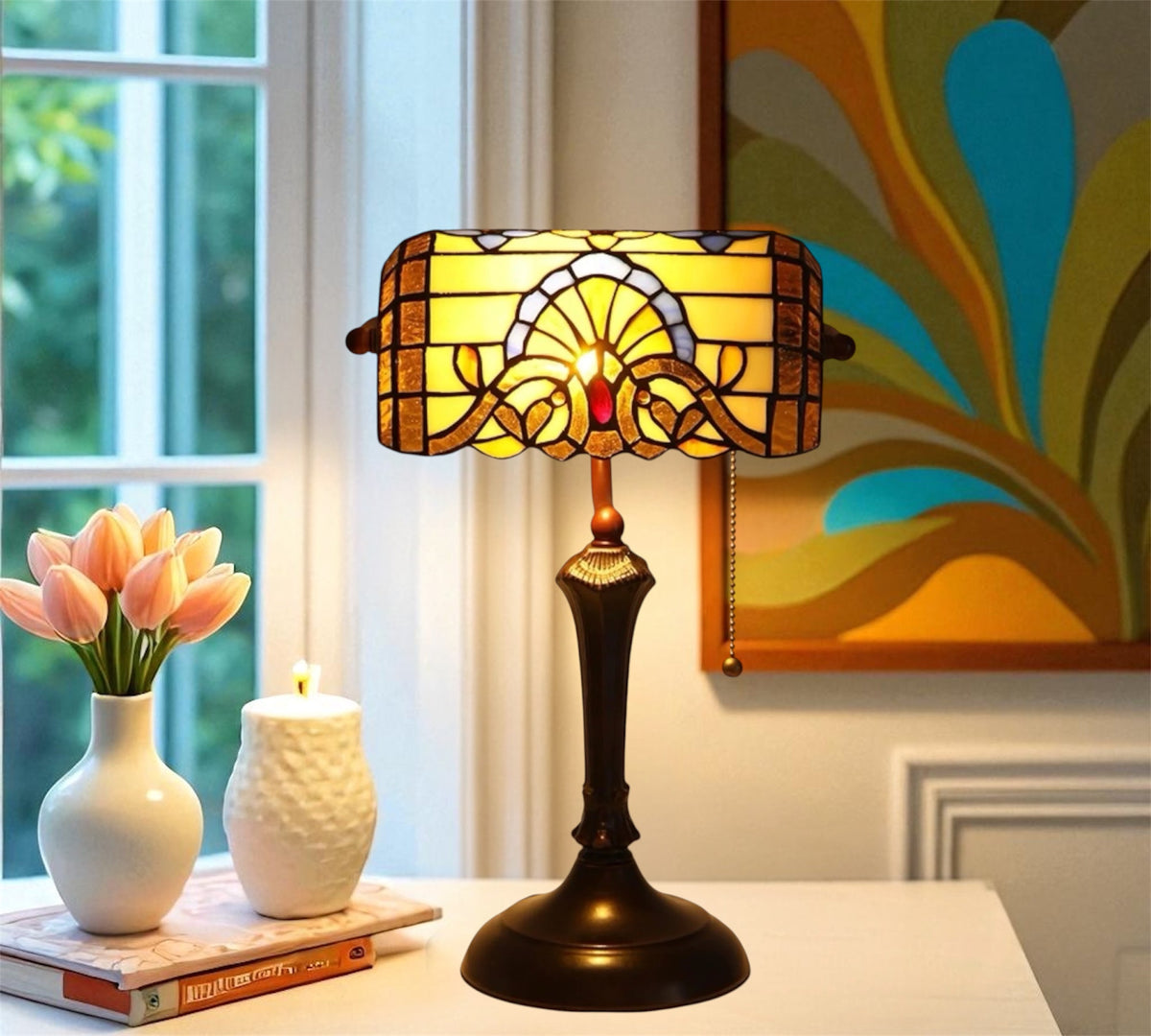 Stained glass table lamp with amber shade and bronze base, round domed finial