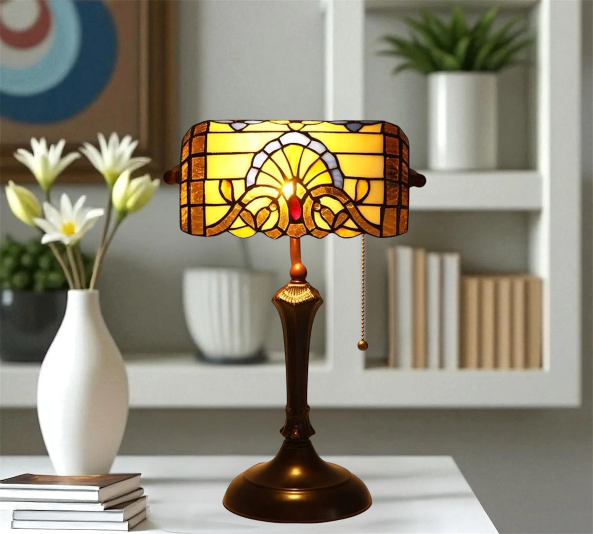 Stained glass table lamp with amber shade and bronze pedestal base