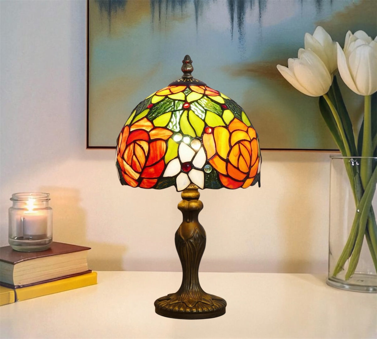 Tiffany-style stained glass table lamp with multicolor dome shade and dark bronze base