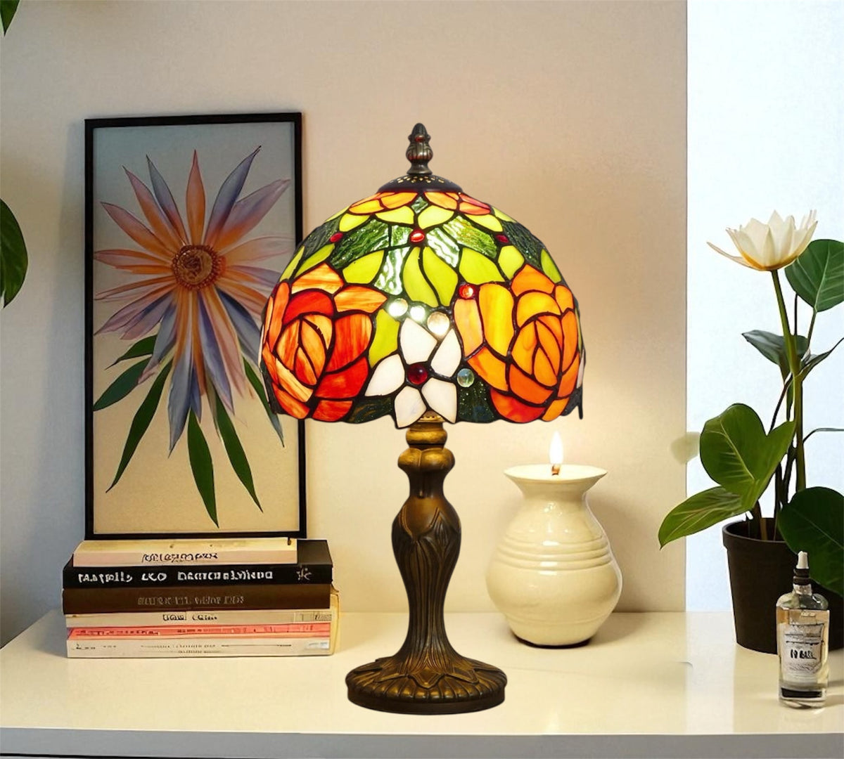 Tiffany-style stained glass table lamp with multicolor curved shade and dark bronze base