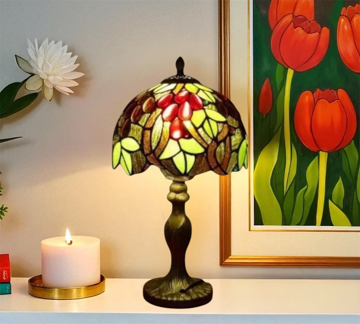 Tiffany style table lamp with stained-glass floral shade and brass-tone base