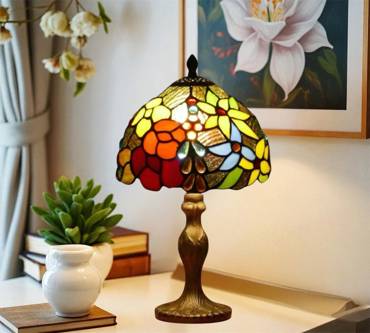 Tiffany-style stained glass table lamp with dome shade in yellow, orange, and red
