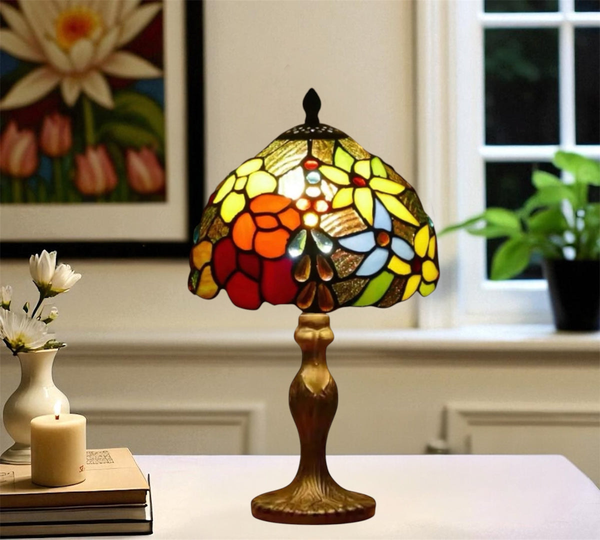 Tiffany-style table lamp with multicolor stained glass dome shade and brass-toned base
