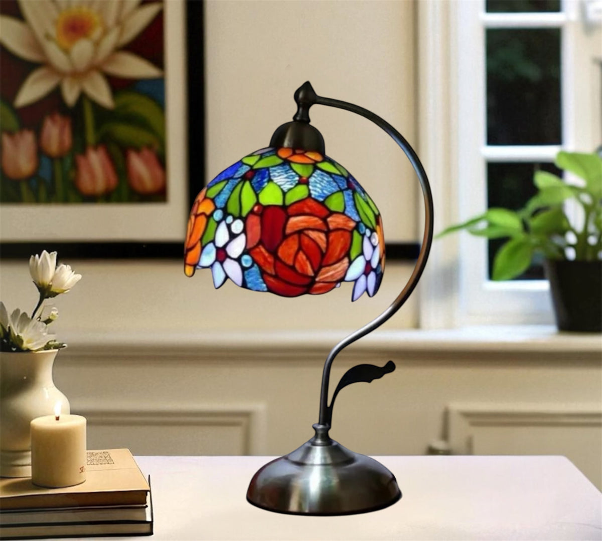 Stained glass floral table lamp with multicolor rose shade and arched metal pedestal base