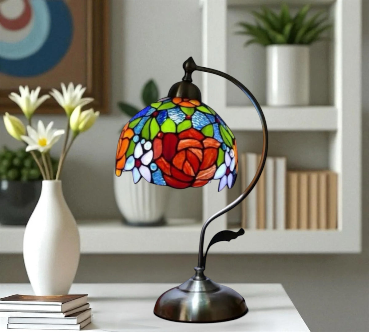 Decorative stained glass rose table lamp with multicolor shade and curved metal base