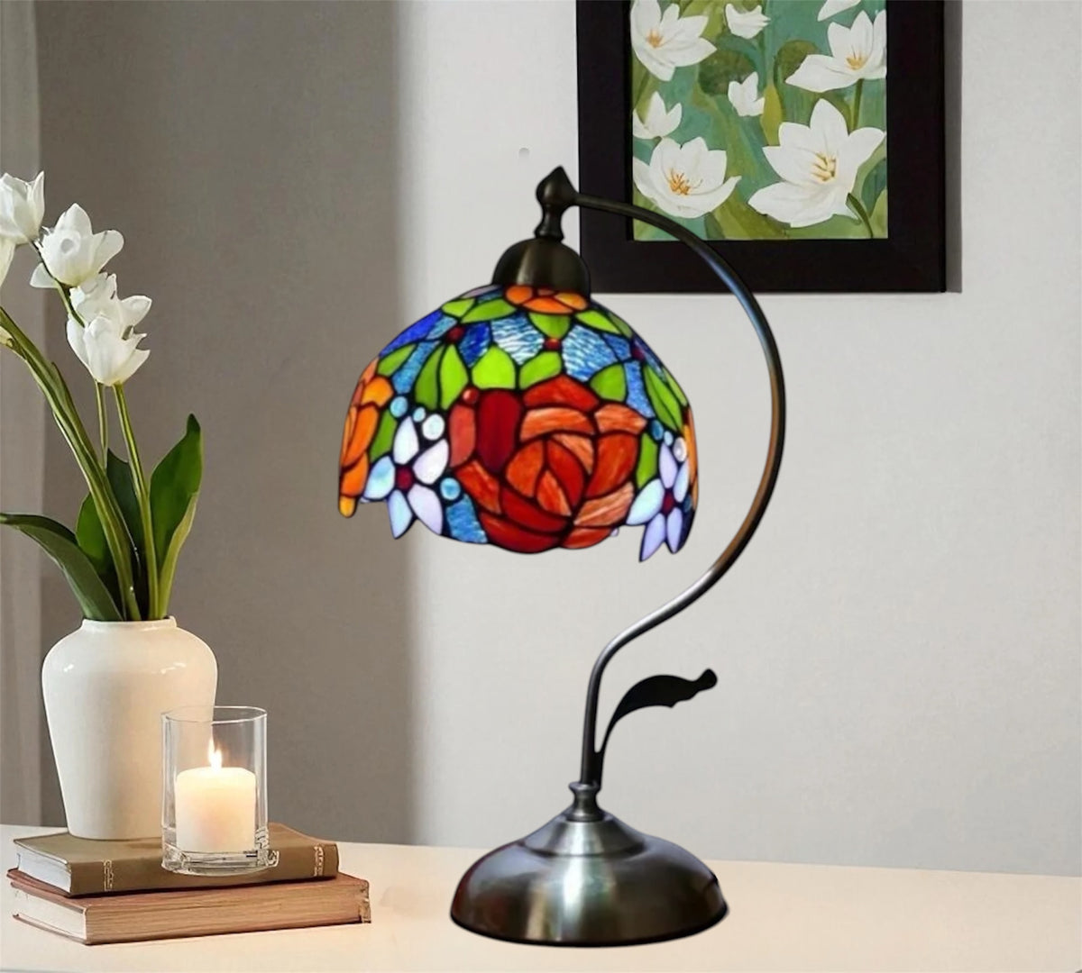 Stained glass table lamp with multicolor 20cm shade and dark metal base