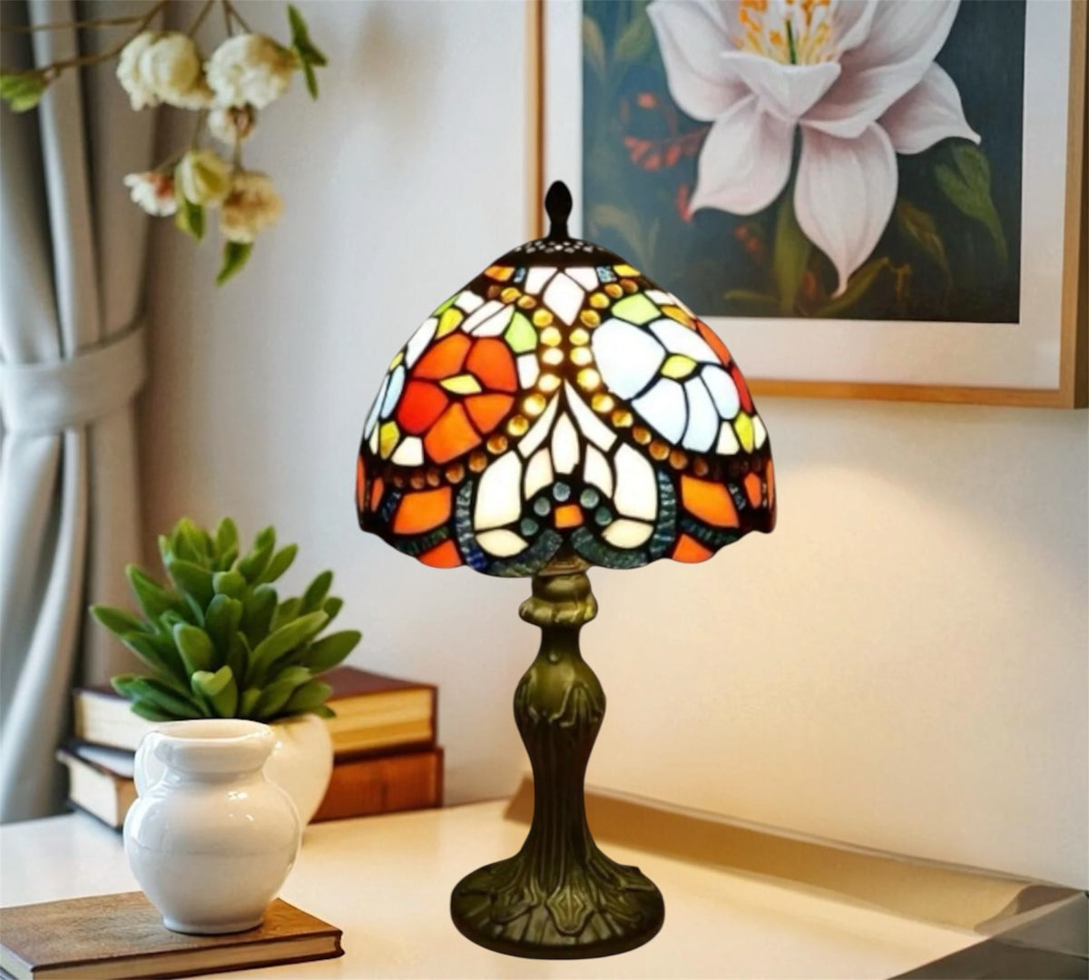 Tiffany table lamp with multicolor stained-glass dome shade and dark bronze stand