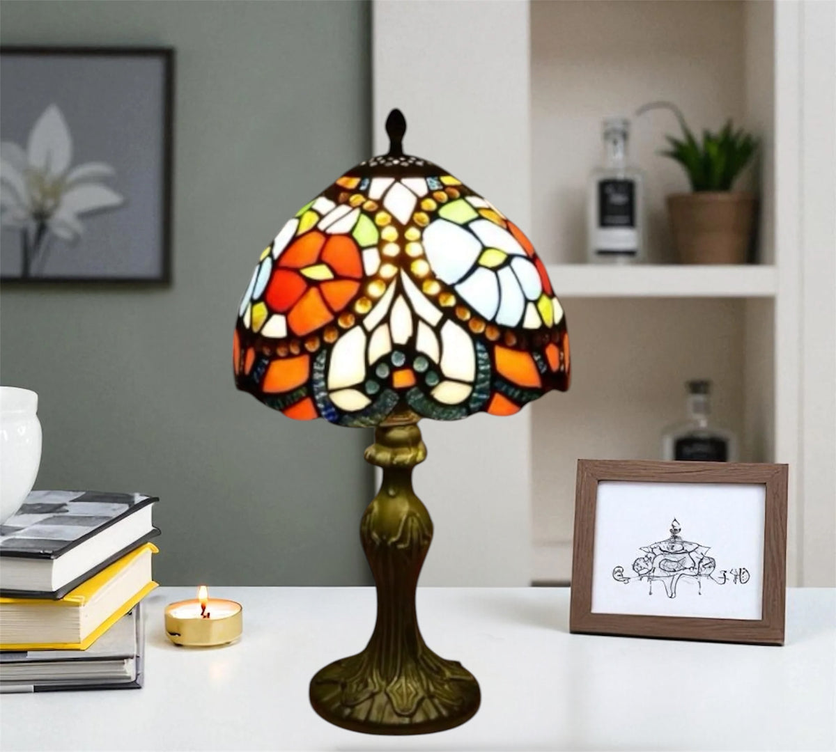 Tiffany table lamp with multicolor stained-glass dome shade and dark bronze pedestal base
