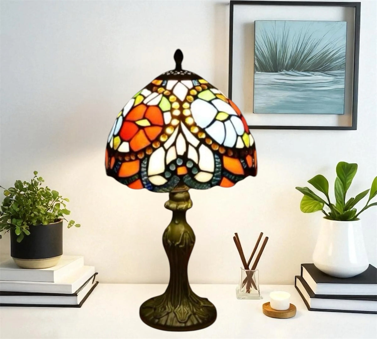 Stained glass table lamp with multicolor shade and dark bronze base