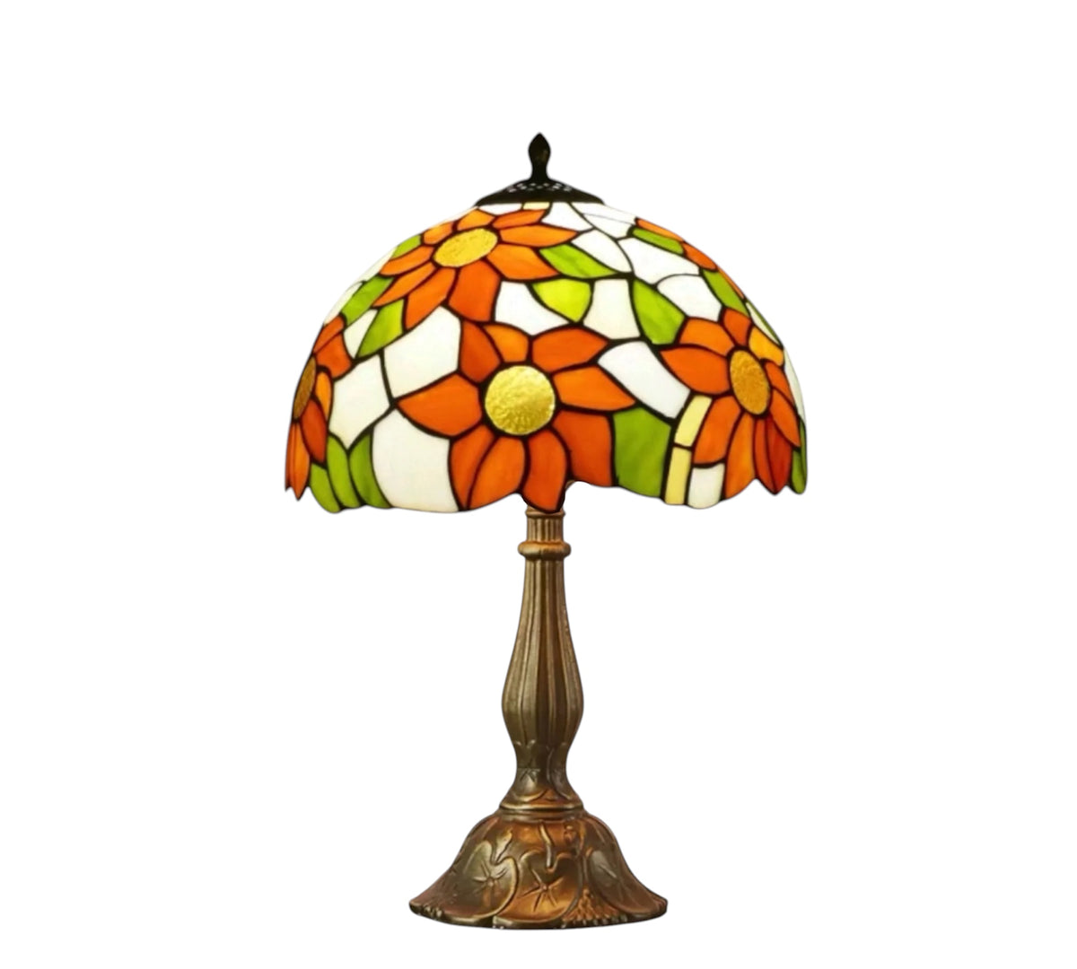 Tiffany-style table lamp with stained-glass flower shade and bronze metal base