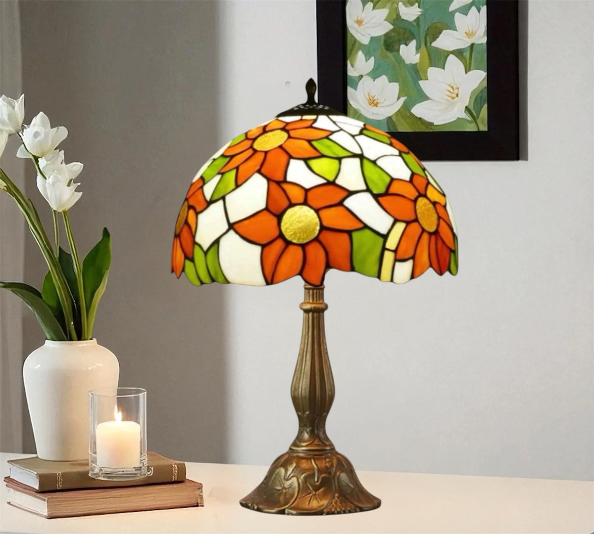 Tiffany-style table lamp with stained-glass floral shade and bronze ornate base