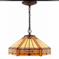Tiffany-style stained glass pendant lamp shade with hanging chain, amber-and-cream panels, dark trim