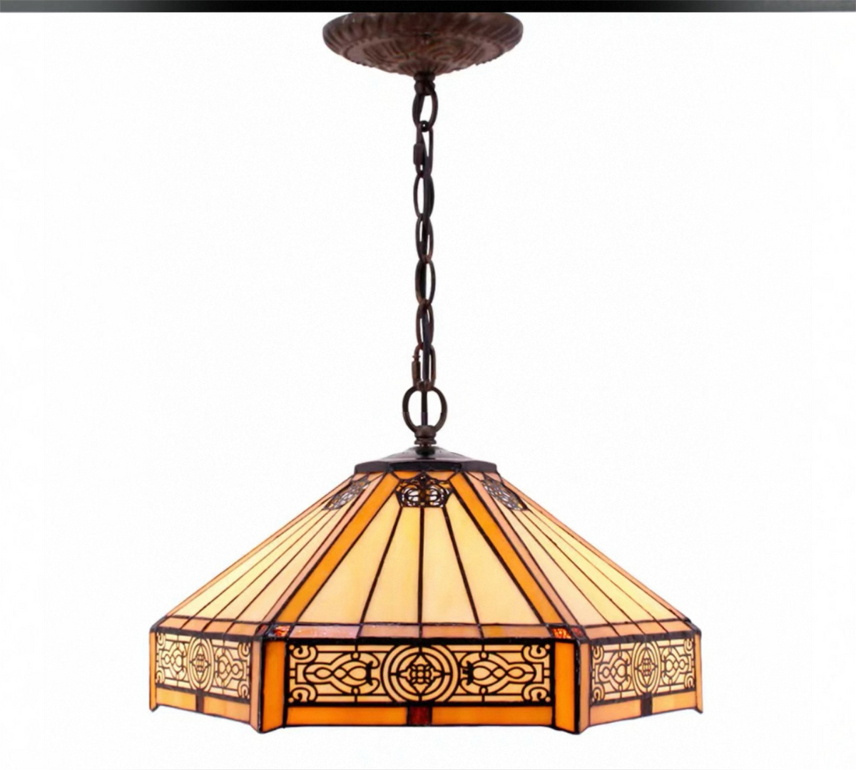 Tiffany-style stained glass pendant lamp shade with hanging chain, amber-and-cream panels, dark trim