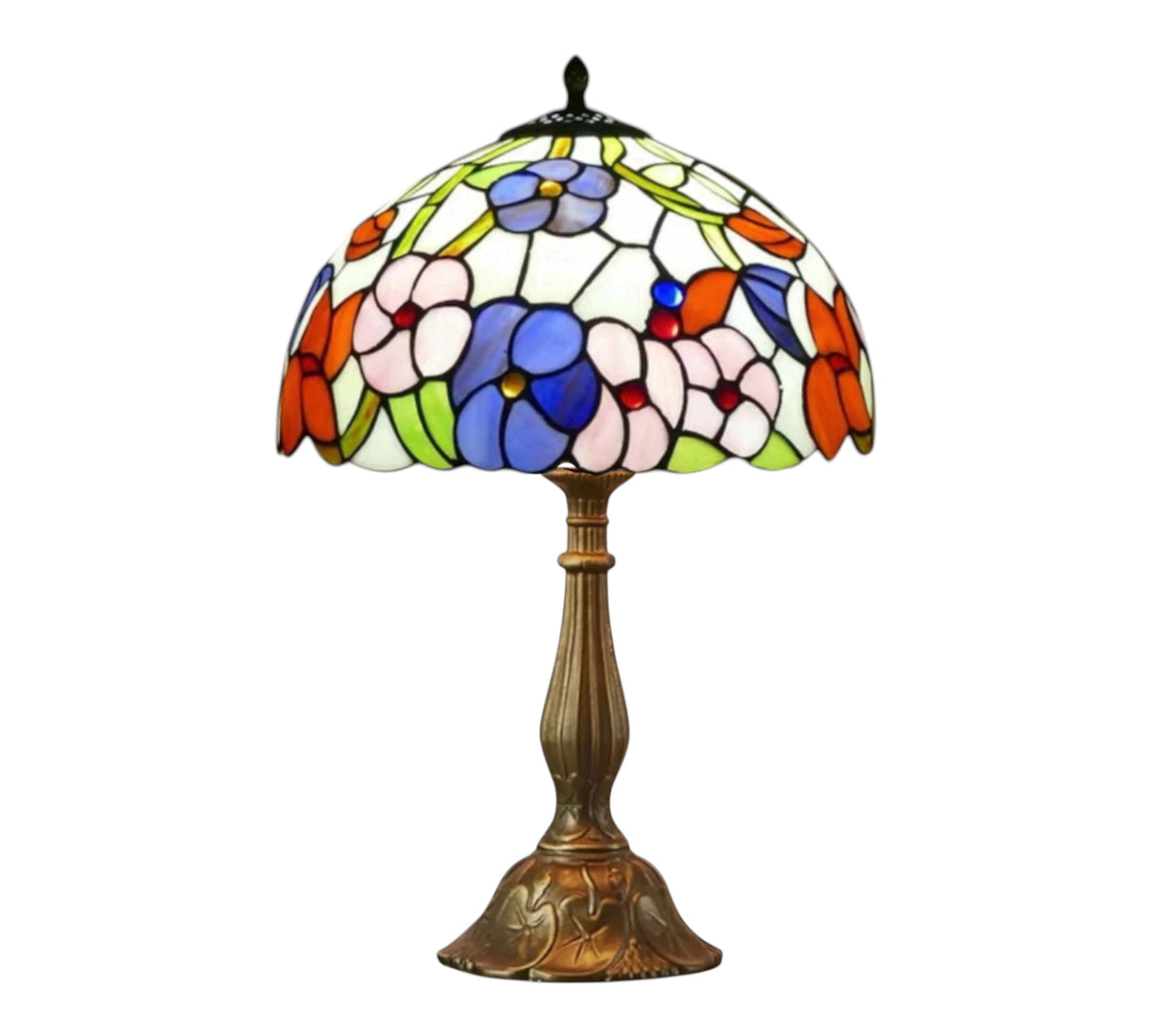 Stained glass table lamp with domed floral shade and bronze-toned pedestal base.